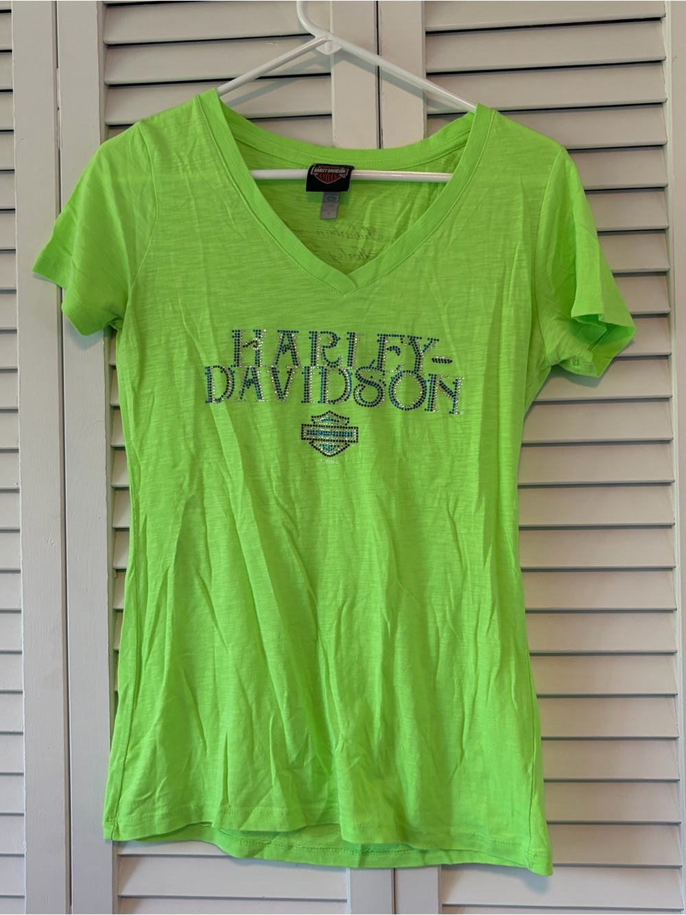 Harley-Davidson Women's Neon Lime Green V-Neck Rhinestone Logo Tee